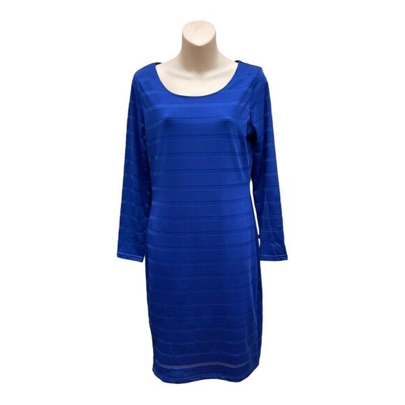 Venus High Neck Cobalt Blue Dress Sz Large Bodycon Stretch Striped Long Sleeve - Picture 1 of 7